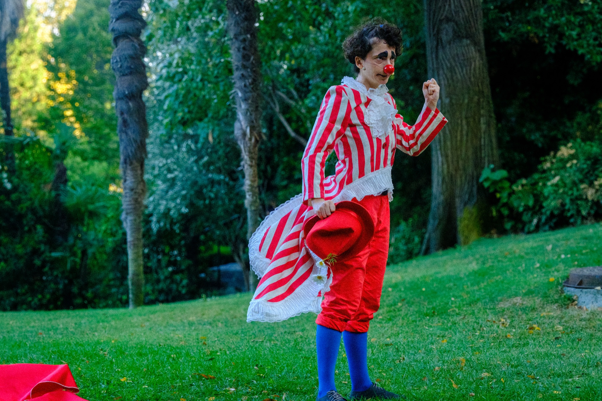 Performer in clown costume outdoors in park